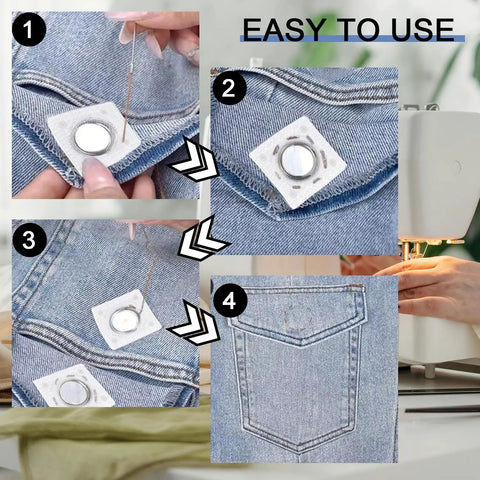Dead Simple Hidden Magnetic Snaps For Clothing And Purses Measuring One Point Five By One Inch Transparent PVC Edges shown in sewing process on jeans.