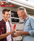 Two people exchanging a red gift in front of an RV, symbolizing a special occasion while camping.