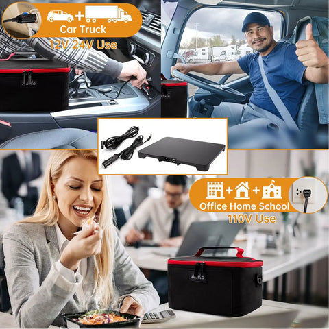 Portable Oven Lunch Box Heats Meals On The Go 12V 24V 110V 3 In 1 Car Food Warmer in use while traveling and at work