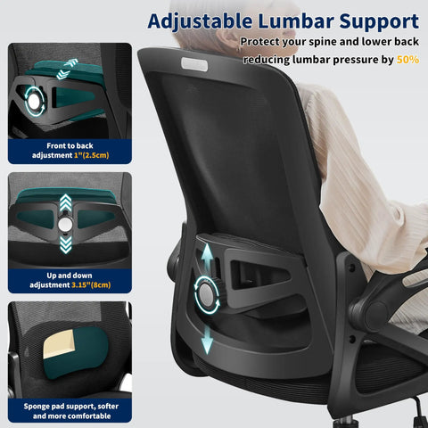 Ergonomic Office Chair With Adjustable Lumbar Support And Breathable Mesh Flip Up Armrests All Day Cozy Comfort For Home Or Office Adjustable Height Back Supporting Task Chair Built For Long Hours Black showing lumbar adjustment.
