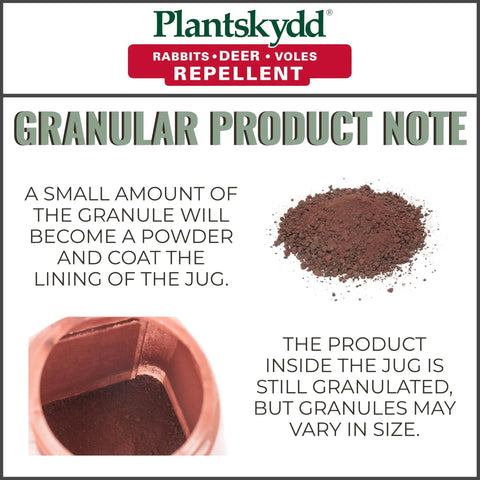 Close-up of critter repellent granules and jug interior note from All Season Backyard Critter Repellent Granules 3.5 Lb Shaker Jug Keeps Deer Rabbits Elk Moose Squirrels Chipmunks And More Off Your Plants Covers About 1,750 Sq Ft Easy Application.