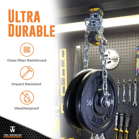 Heavy Duty 8 Pack Tool Mount Kit With Glass Fiber Reinforced Polymer Holds lifting weights on pegboard
