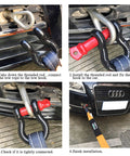Heavy Duty Half Inch D Ring Bow Shackle With Screw Pin For Rigging And Towing Two Ton Working Load Limit Hot Dip Galvanized Forged Steel in use for vehicle towing.