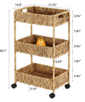 Three Tier Water Hyacinth Rolling Cart With Wheels Handwoven Utility Storage Rack dimensions and weight capacity shown