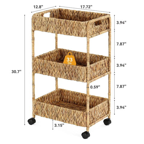 Three Tier Water Hyacinth Rolling Cart With Wheels Handwoven Utility Storage Rack dimensions and weight capacity shown