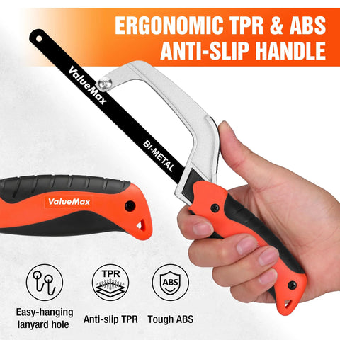 ValueMax mini hacksaw with orange/black ergonomic handle and silver aluminum frame, 10-inch bi-metal blade