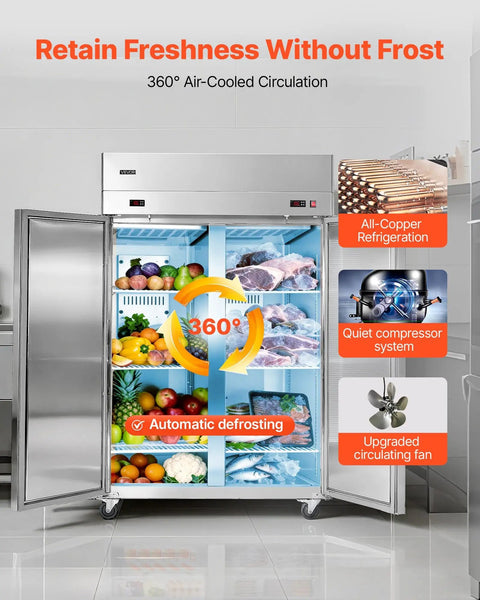 Top Shelf Commercial Refrigerator And Freezer Combo 48 Inch Wide 32 Cubic Feet with visible fresh food, automatic defrost, and stainless steel design.
