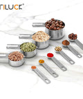 Stainless Steel Measuring Cups And Spoons Set 10 Piece Kitchen Gadgets For Cooking And Baking displayed with ingredients.