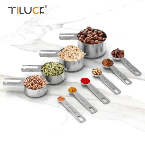 Stainless Steel Measuring Cups And Spoons Set 10 Piece Kitchen Gadgets For Cooking And Baking displayed with ingredients.