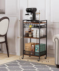 Heavy Duty 5 Tier Floor Standing Coffee Cart With Spacious Pod Storage Organizer For Kitchen Bar Station, 33.7 inches tall, brown and black.