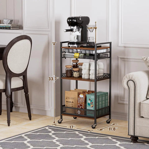 Heavy Duty 5 Tier Floor Standing Coffee Cart With Spacious Pod Storage Organizer For Kitchen Bar Station, 33.7 inches tall, brown and black.