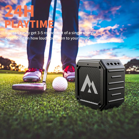 Go-To Golf Cart Speaker With Storage Case Magnetic Bluetooth Speaker For Outdoor Use on grass near golf clubs and ball