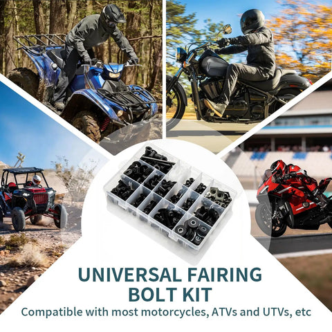 397Pcs Motorcycle Fairing Bolt Kit M4 M5 M6 Stainless Steel Fairing Bolts and assorted screws shown with motorcycles and ATVs