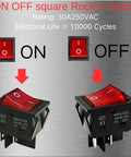 Heavy Duty 30A 250V DPST Rocker Switch 4 Pin Red Lighted On Off Toggle For 120V Or 240V Use, High Current 30 Amp Rating, Dual Pole Single Throw Switch, T125 Temperature Range Minus 25 To 85 Celsius, 2 Pack red illuminated square rocker switch with ON/OFF markings and 4 terminals