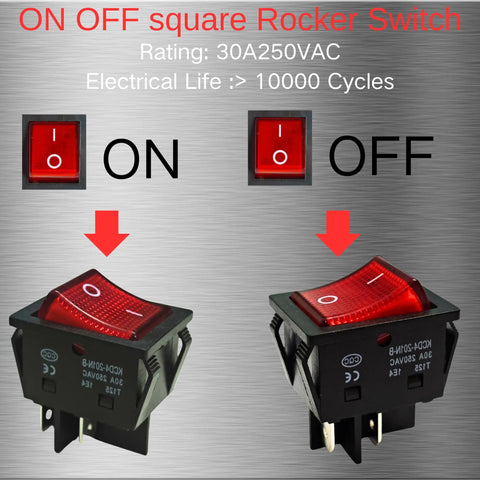 Heavy Duty 30A 250V DPST Rocker Switch 4 Pin Red Lighted On Off Toggle For 120V Or 240V Use, High Current 30 Amp Rating, Dual Pole Single Throw Switch, T125 Temperature Range Minus 25 To 85 Celsius, 2 Pack red illuminated square rocker switch with ON/OFF markings and 4 terminals