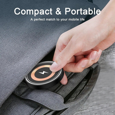 Person placing 15W Magnetic Wireless Charger Pad For Galaxy S21 Through S26 And Pixel Pro Phones into a backpack pocket.
