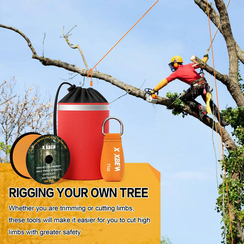 Arborist Throw Line Kit With 15 Oz Throw Weight, 150 Ft Slick Polyester Rope, Reflective Orange Storage Bag, tree trimming scene