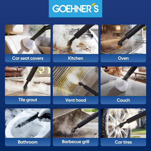 Upgraded Handheld Steam Cleaner For Home And Car Detailing At 230 Degrees F With 3.5 Bar High Pressure And 13 Foot Cord For Cleaning Grout And Hard To Reach Spots In Your Vehicle Or House Quick Heat Portable Steamer used on various surfaces including car seat covers and kitchen appliances.