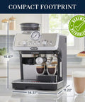 La Specialista Arte Espresso Machine Conical Burr Grinder Eight Grind Settings with two coffee shots brewing on counter.