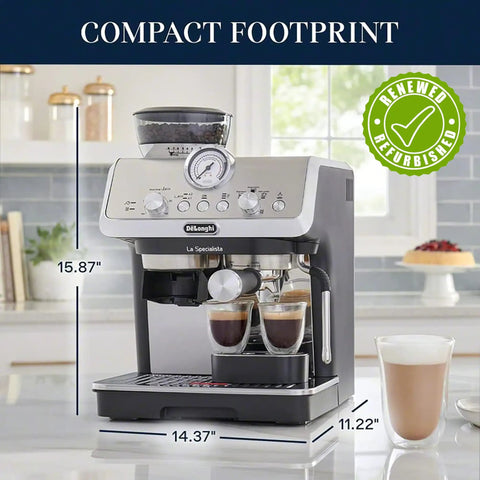 La Specialista Arte Espresso Machine Conical Burr Grinder Eight Grind Settings with two coffee shots brewing on counter.