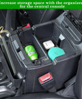 Jeep Wrangler JL JLU Gladiator JT Center Console Organizer Kit with gear shift side tray and armrest storage, inside view with items.