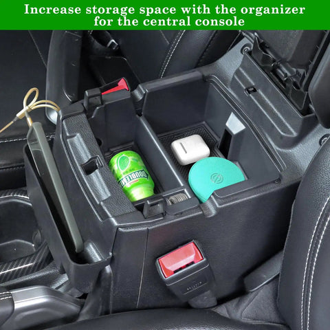 Jeep Wrangler JL JLU Gladiator JT Center Console Organizer Kit with gear shift side tray and armrest storage, inside view with items.
