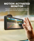 Person using Six Inch HD Dashboard Monitor with Solar Powered Wireless Back Up Cam, showing motion sensor activation.
