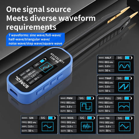 Blue LCR Meter With Digital Multimeter Tweezers And Signal Generator, 100kHz SMD ESR Capacitor Tester showing 7 waveforms