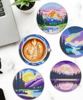 8 Piece Diamond Art Coaster Kit With Holder Dope Landscape Themed DIY Art Coasters showing colorful mountain and lake designs