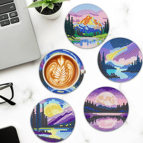 8 Piece Diamond Art Coaster Kit With Holder Dope Landscape Themed DIY Art Coasters showing colorful mountain and lake designs