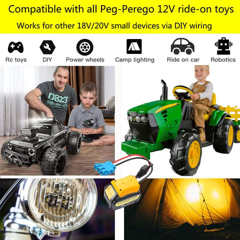 Plug And Play Battery Adapter For Dewalt 18V 20V To Peg Perego Ride On Toys With Wire Harness Connector shown with ride-on tractor and RC car