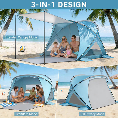 3-in-1 pop up beach tent with extended canopy for 4-6 people, showcasing design modes at the beach under palm trees.