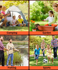 Four outdoor activities: camping with family, gardening with child, fishing at a lake, children playing soccer in garden.