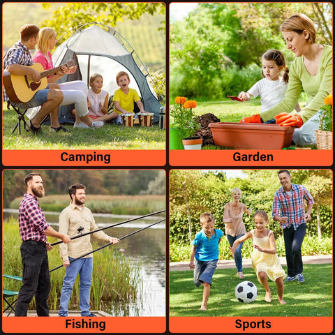 Four outdoor activities: camping with family, gardening with child, fishing at a lake, children playing soccer in garden.