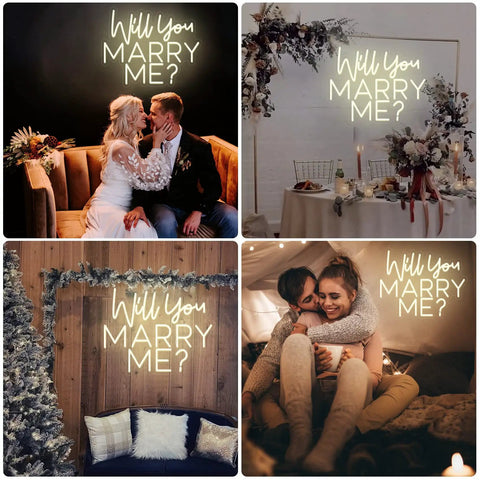 Four scenes with Will You Marry Me Neon Sign LED Proposal Light With Acrylic Backboard for engagements and celebrations.