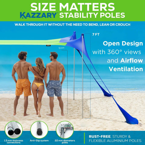 Ultra Portable Beach Tent Sun Shade 10x10 Ft UPF50 Plus Shield with stability poles on a beach showing open design