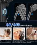9 Function Shower Head With Built In Power Spray And Pause Button For Deep Clean Rinses, showing on/off button and water flow