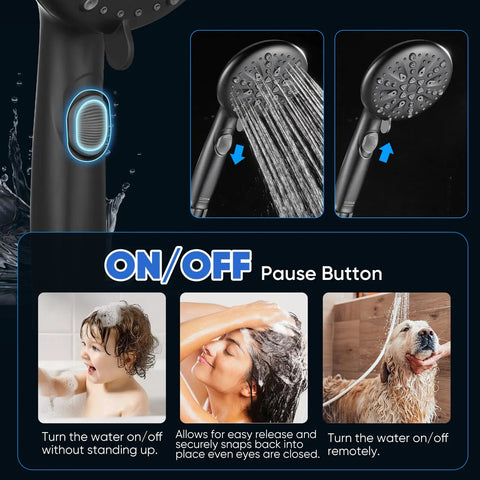 9 Function Shower Head With Built In Power Spray And Pause Button For Deep Clean Rinses, showing on/off button and water flow