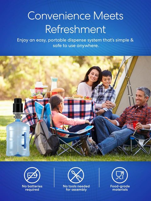 Family enjoying picnic with Universal Water Bottle Pump manual dispenser, ideal for 1 to 5 gallon jugs, in outdoor setting.