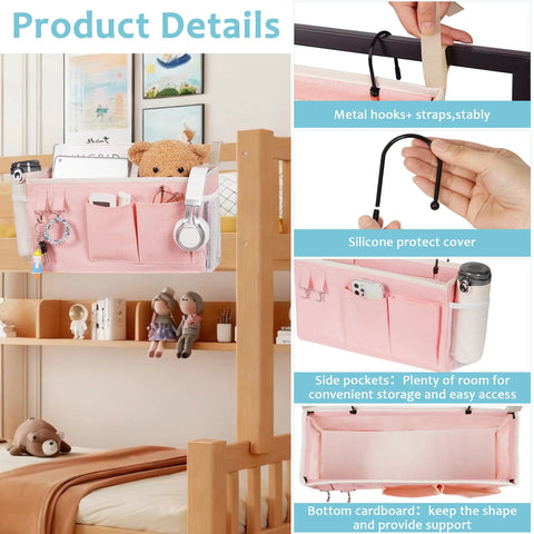 Bedside Caddy Organizer For Dorm Beds And Hospital Rails, Hanging Bed Storage Bag With Pockets And Hooks in Light Pink