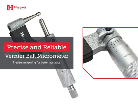 Close-up of Vernier Ball Micrometer 050059 showing precision scale for case neck thickness, with ratchet stop and spindle lock.