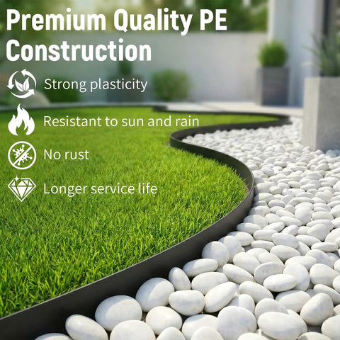 Flexible No Dig Garden Edging Kit 33 Ft By 2 In Plastic Landscape Border with white stones and grass