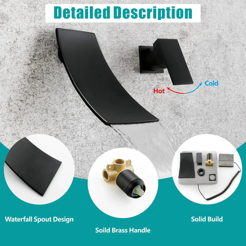 Matte Black Wall Mount Bathroom Faucet With Single Handle Dope Modern Waterfall Tub Faucet Independent Switch Wall Mounted Sink And Bath Mixer Filler Rough In Valve Included Sleek Contemporary Vibe showcased with design details.