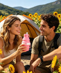 Couple using Foldable Water Bottle With Leak Proof Locking Lid For Outdoor Adventures Portable Travel Flask Silicone Sport Bottle in sunflower field