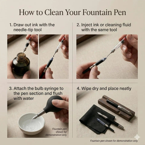 How to use All In One Fountain Pen Care Kit With Black Walnut Pen Rest Two Ink Filling Tools Premium Cleaning Cloth And Rubber Cleaning Bulb