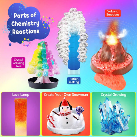 111 Experiments Science Kit For Kids With Chemistry Set STEM Toys For Boys And Girls Kid Friendly Birthday Gifts Volcano Crystals Physics Lab Educational Learning Project At Home Fun featuring colorful chemistry reactions and crystal projects.