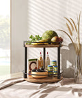 Smooth Two Tier Lazy Susan Rotating Spice Rack Brings A No Sweat Game Changer To Your Kitchen Countertop Storage Setup In A Classic Rustic Brown Wood Finish with food items and decorative elements.