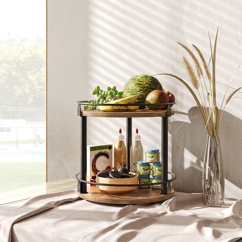 Smooth Two Tier Lazy Susan Rotating Spice Rack Brings A No Sweat Game Changer To Your Kitchen Countertop Storage Setup In A Classic Rustic Brown Wood Finish with food items and decorative elements.
