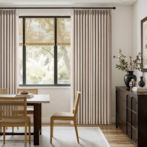 Pinch Pleated Thick Linen Curtains For Living Room And Bedroom 84 Inches Long Two Panels Taupe Rustic Farmhouse Track System Drapes