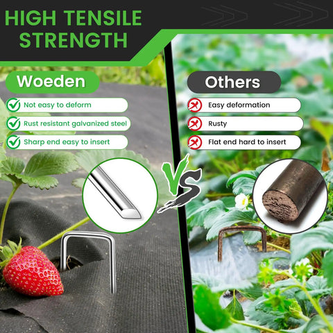 Comparison of 200 Pack 6 Inch U Shaped Landscape Staples With Hook 11 Gauge Heavy Duty Galvanized Garden Stakes with competitor, highlighting tensile strength and rust resistance.